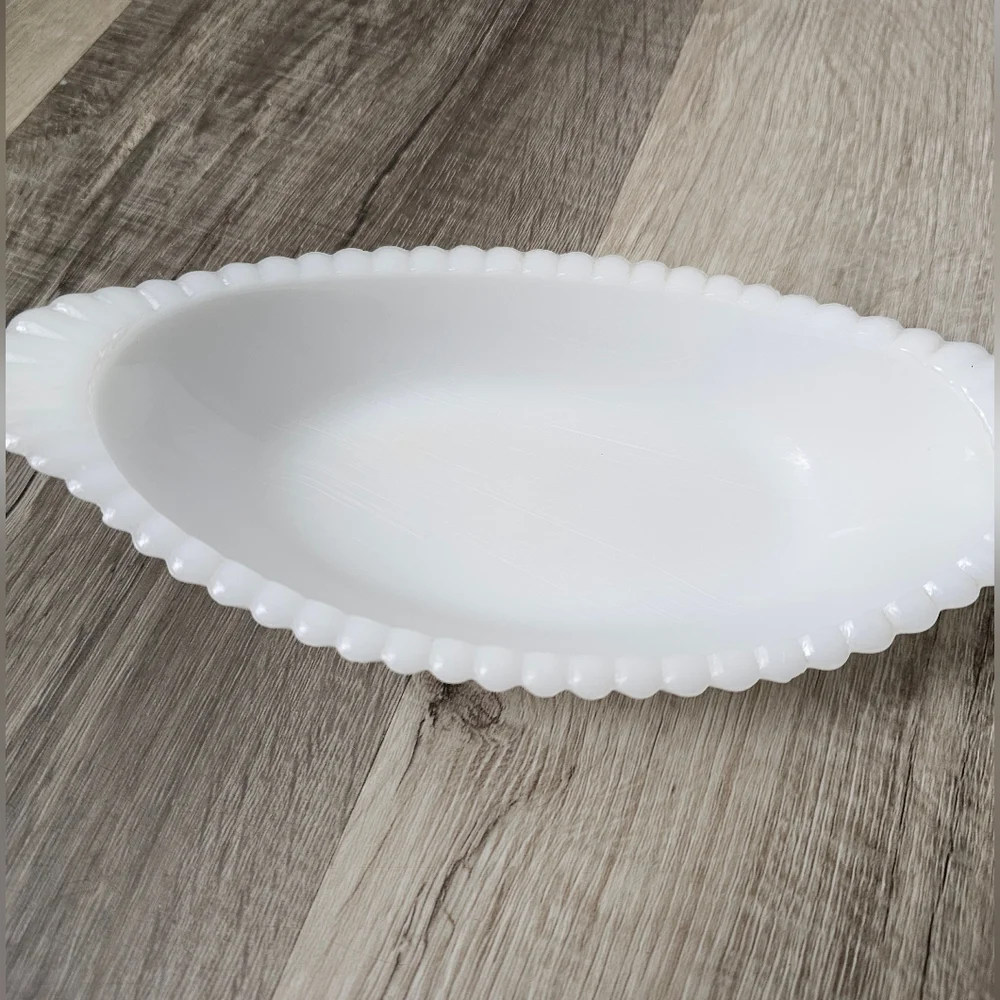Vintage Fenton Milk Glass Trinket Dish, Scalloped Edges & Top, Hobnail Bottom